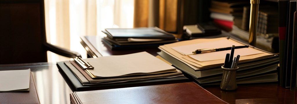 Escritorio con documentos legales apilados